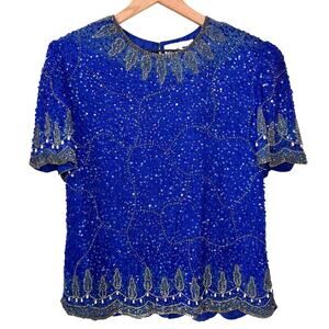 Vintage 100% Silk Beaded Blouse Size M Glam Glamour Luxury Costume Cruise Resort